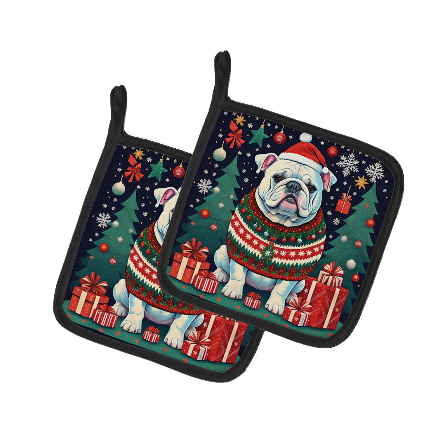 White English Bulldog Christmas Pair of Pot Holders