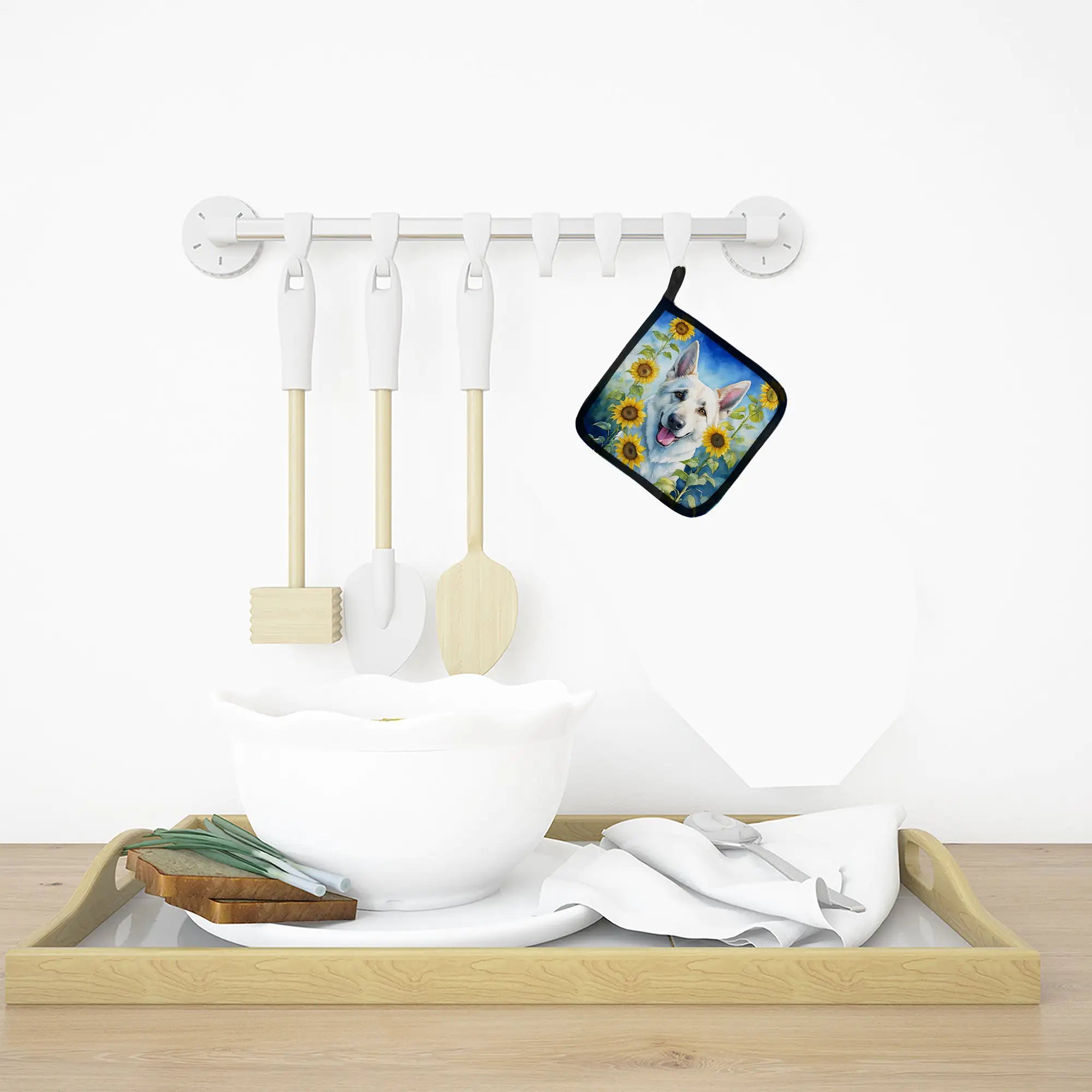 White German Shepherd in Sunflowers Pair of Pot Holders