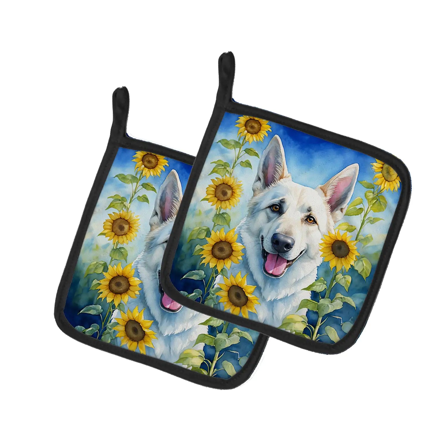 White German Shepherd in Sunflowers Pair of Pot Holders