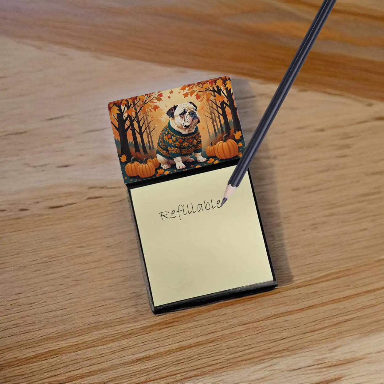 White English Bulldog Fall Sticky Note Holder