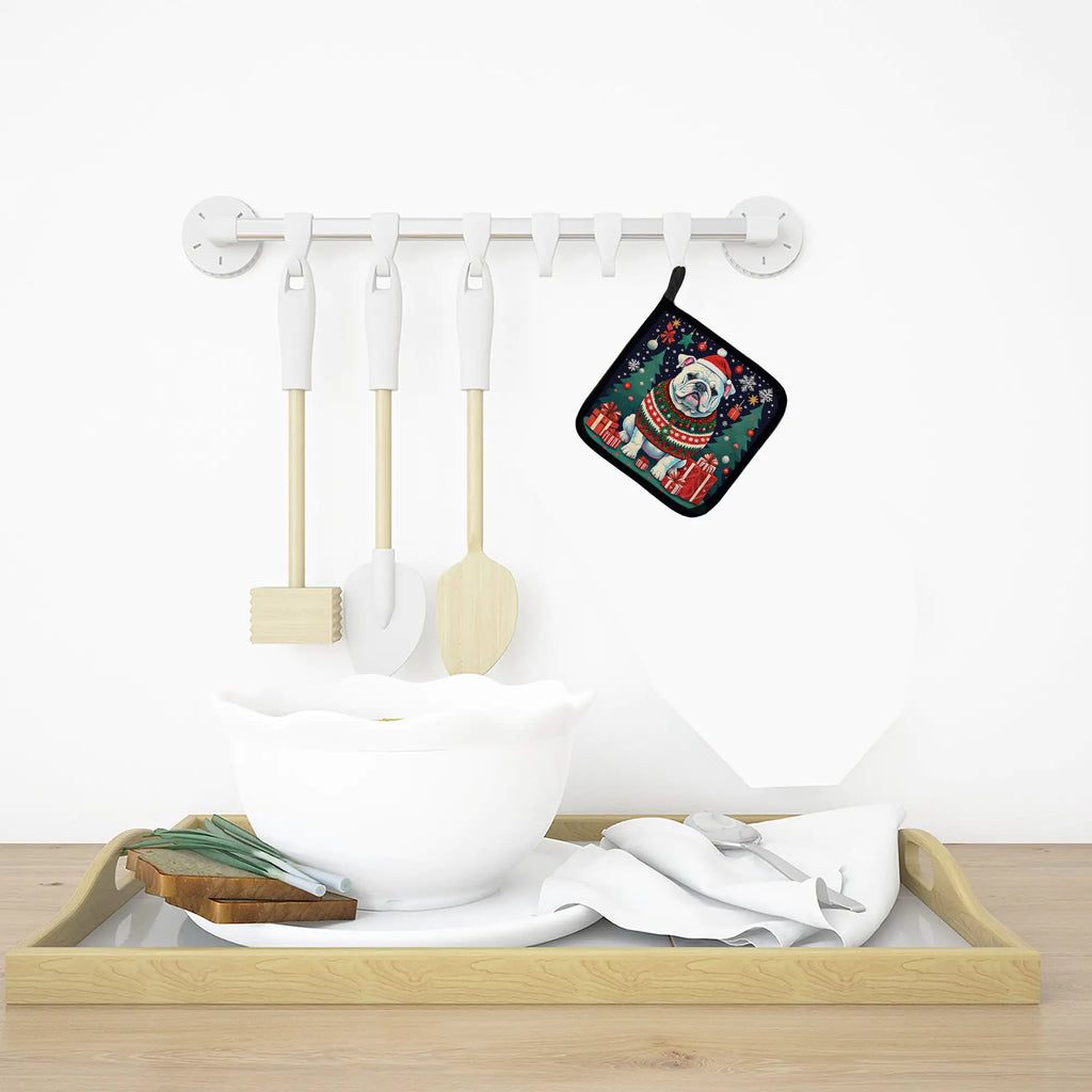 White English Bulldog Christmas Pair of Pot Holders