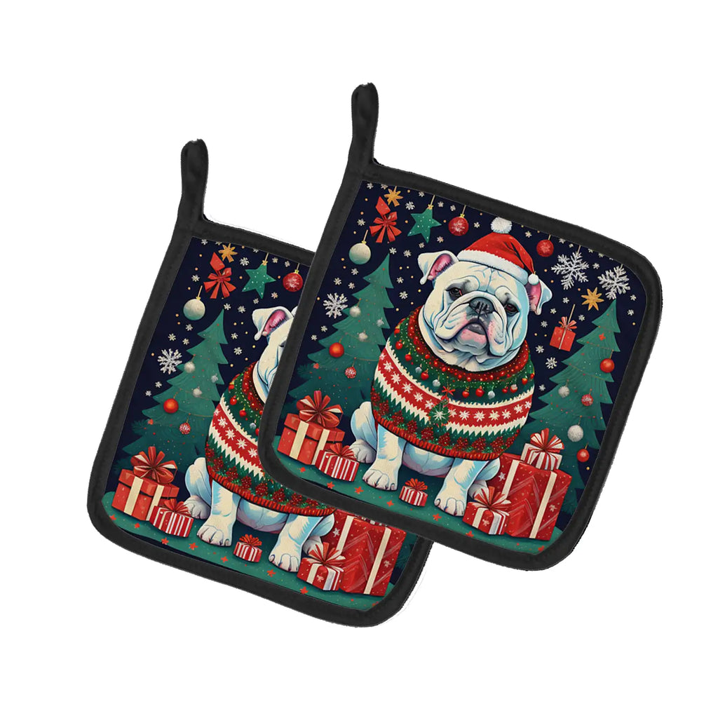 White English Bulldog Christmas Pair of Pot Holders