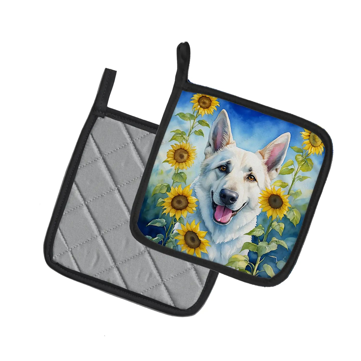 White German Shepherd in Sunflowers Pair of Pot Holders