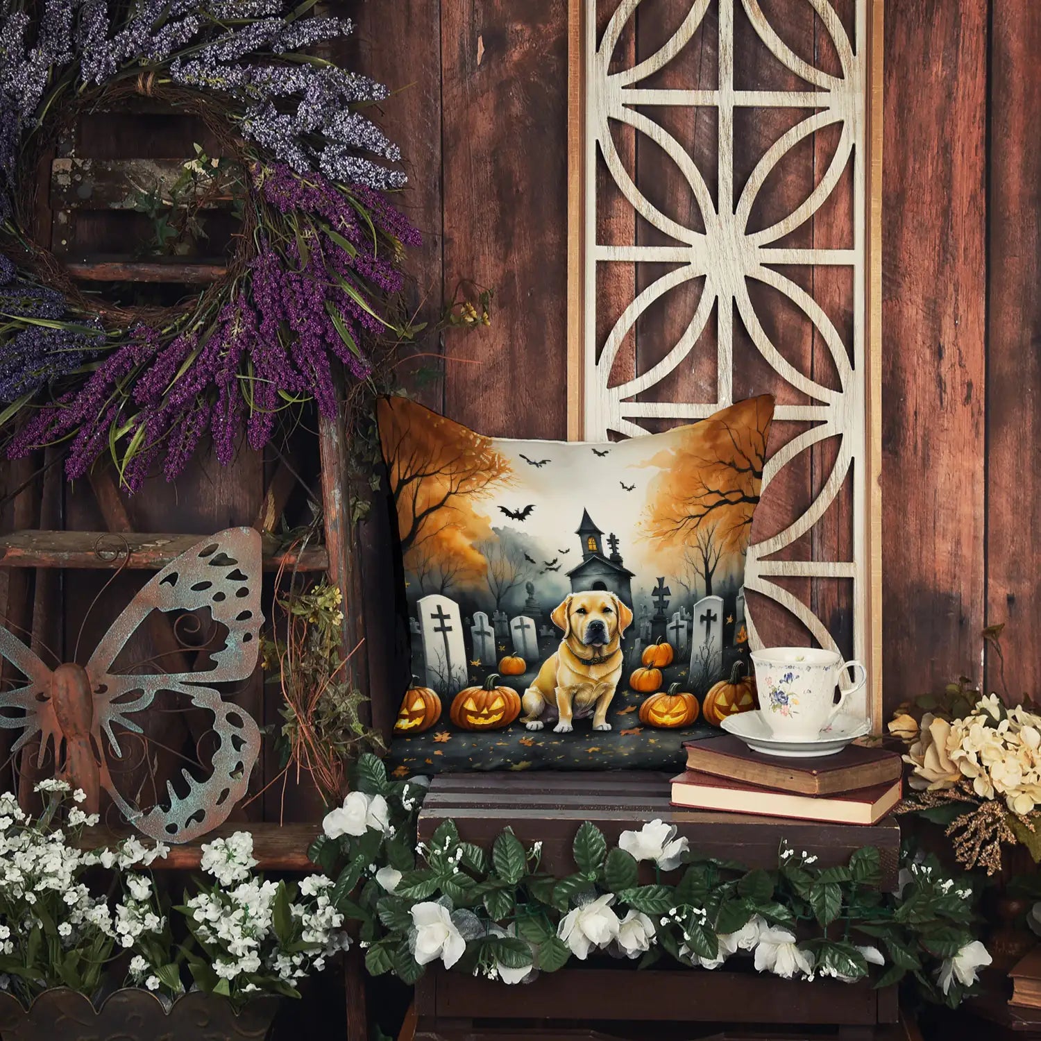 Yellow Labrador Retriever Spooky Halloween Throw Pillow
