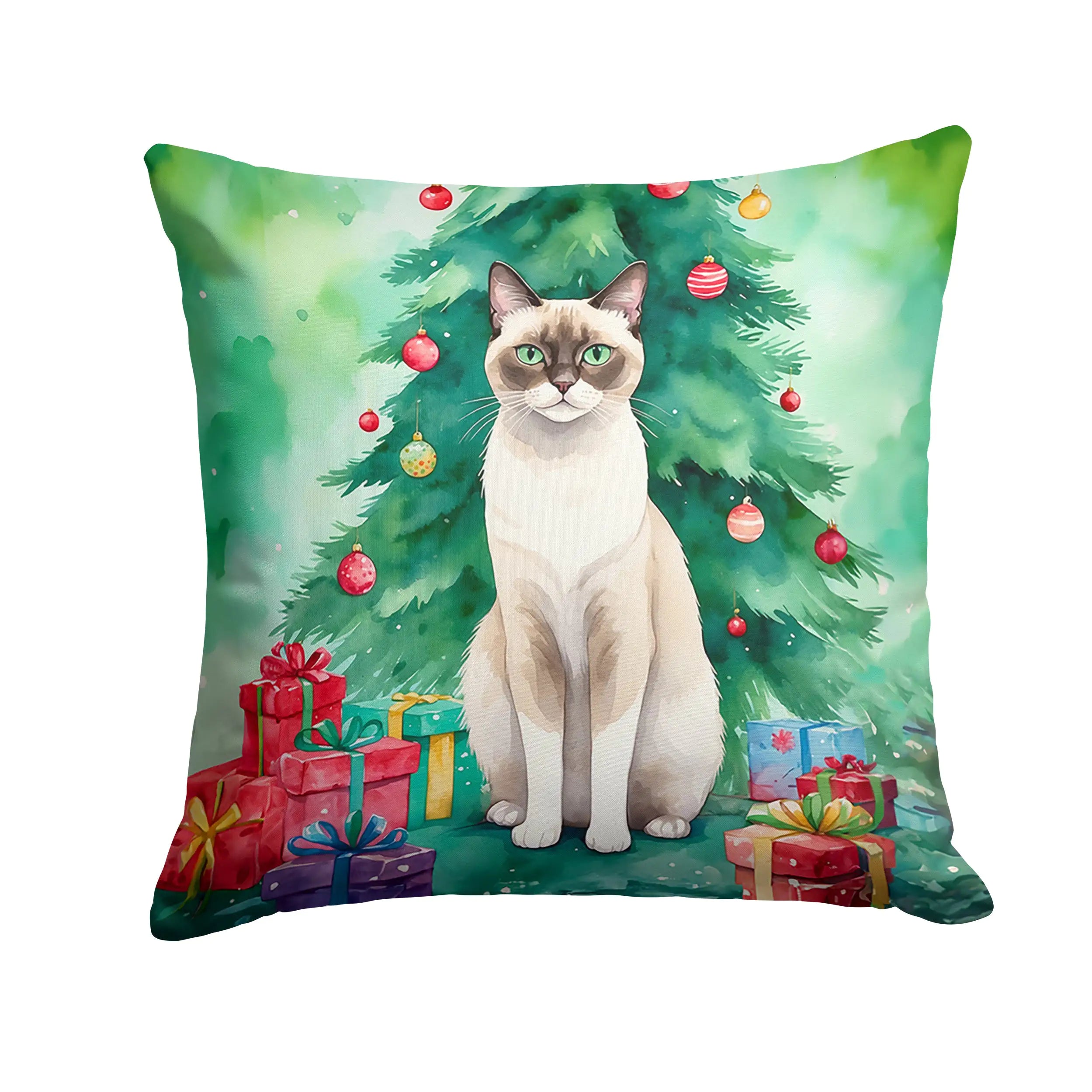 Snowshoe Cat By the Christmas Tree Throw Pillow