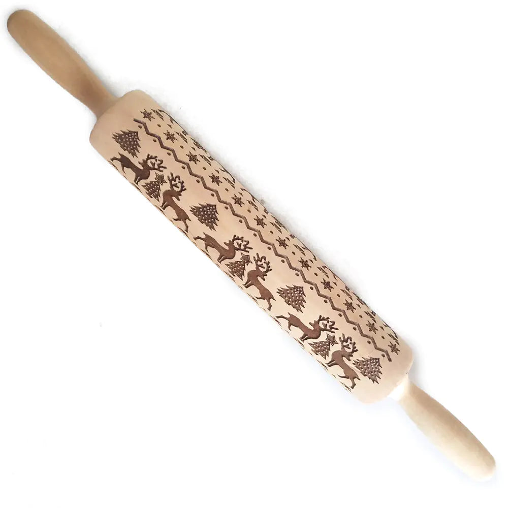 Solid Wood Christmas Rolling Pin with Elk Design