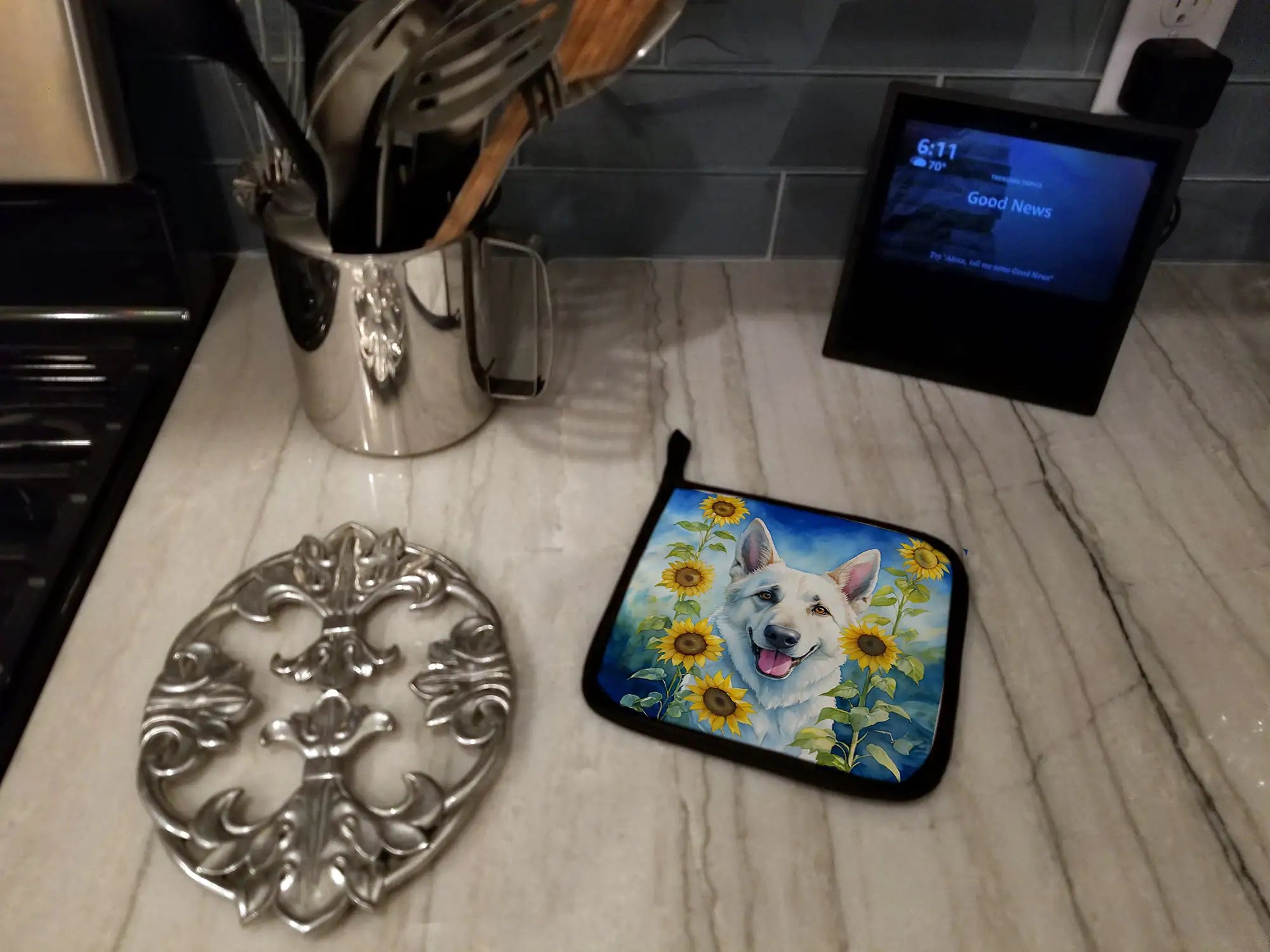 White German Shepherd in Sunflowers Pair of Pot Holders