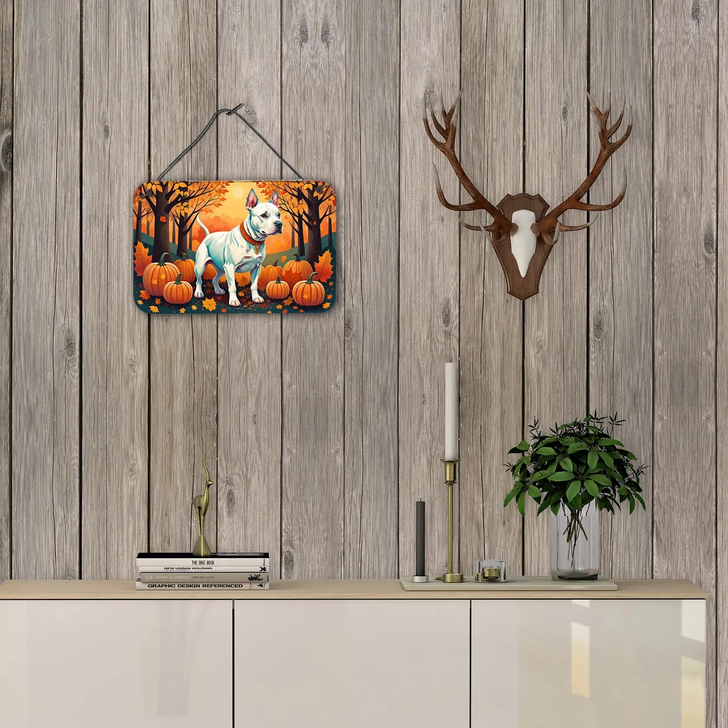 White Pit Bull Terrier Fall Wall or Door Hanging Prints