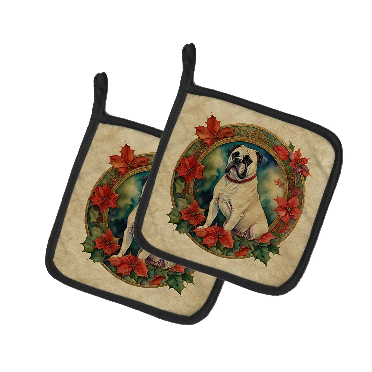 White Boxer Christmas Flowers Pair of Pot Holders