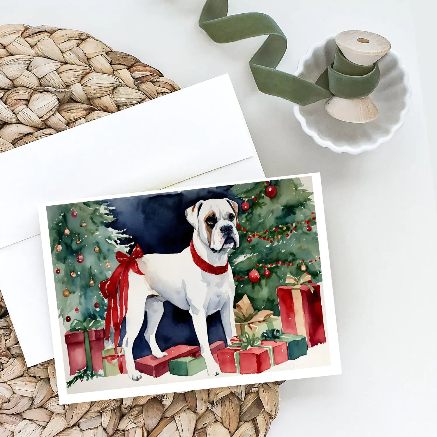 White Boxer Christmas Greeting Cards Pack of 8