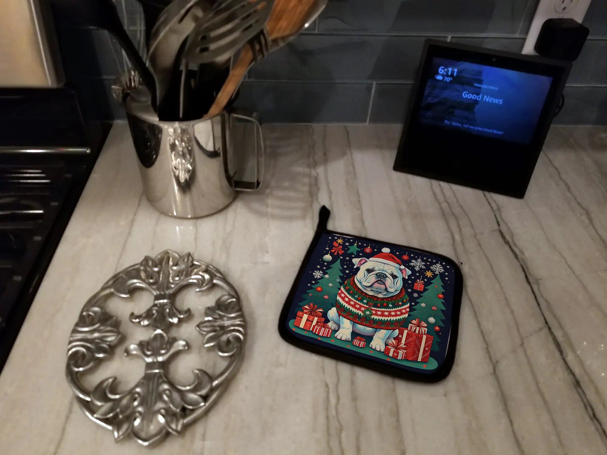 White English Bulldog Christmas Pair of Pot Holders