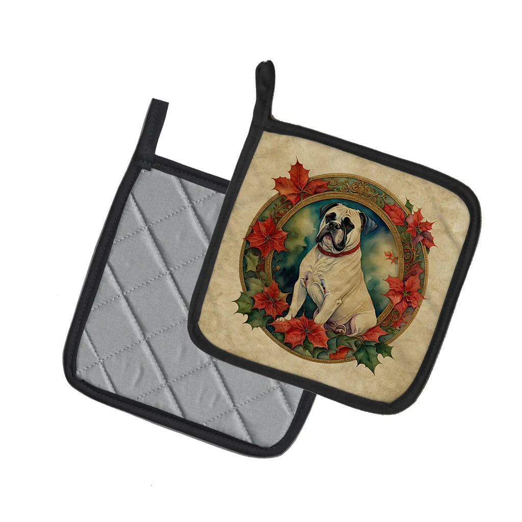 White Boxer Christmas Flowers Pair of Pot Holders