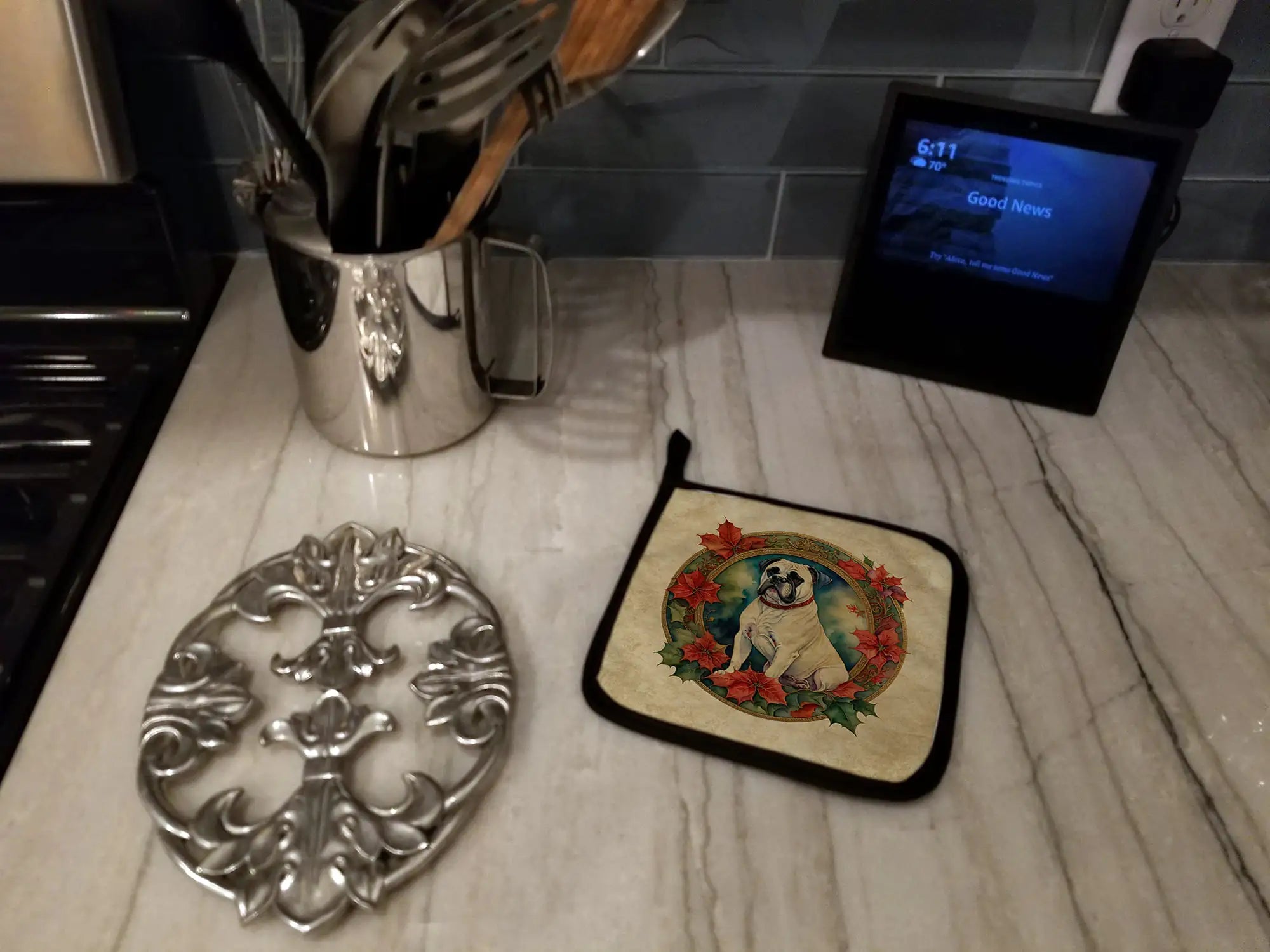 White Boxer Christmas Flowers Pair of Pot Holders